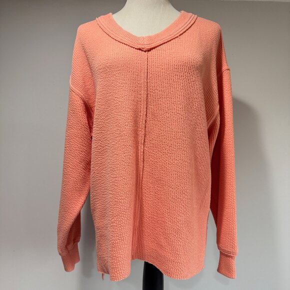 aerie Tops - AERIE Wonder Textured V-Neck Sweatshirt in Peach